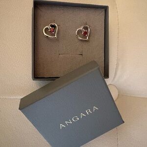 Angara Silver Heart Earrings with Red Gemstones